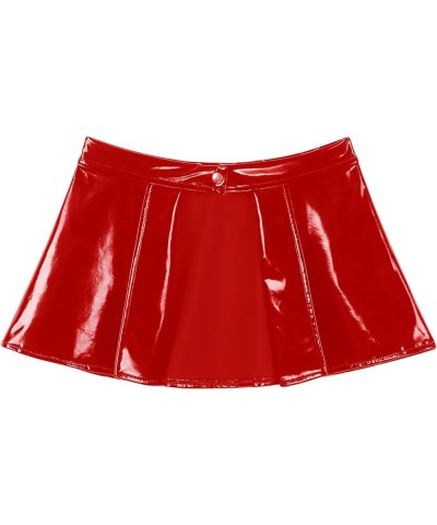 Women Shiny Leather Cover-Up Skirt Patent Look Mini Skirt High Waist Open Front Mini Skirts Red $5.27 Skirts