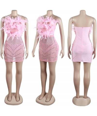 Women's Sexy Mesh Rhinestone Bodycon Mini Dresses Sleeveless Fashion Feather Birthday Party Cocktail Dress Pink $17.22 Dresses