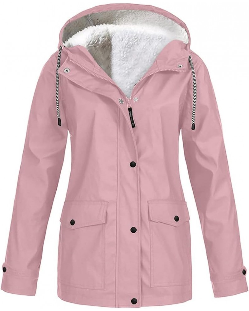 Plus Size Fleece Lined Rain Coats For Women With Hood Lightweight Hooded Rain Jacket Windbreaker Outdoor Trench Coat P01-pink...