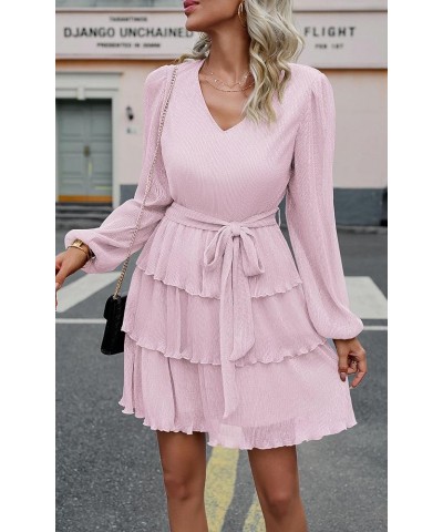 Women Dress Wedding Guest - 2024 Formal Party Long Sleeve Mini Cocktail Glitter Sundress with Belt Pink $16.16 Dresses