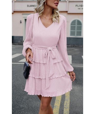 Women Dress Wedding Guest - 2024 Formal Party Long Sleeve Mini Cocktail Glitter Sundress with Belt Pink $16.16 Dresses