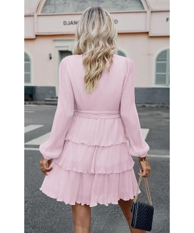 Women Dress Wedding Guest - 2024 Formal Party Long Sleeve Mini Cocktail Glitter Sundress with Belt Pink $16.16 Dresses