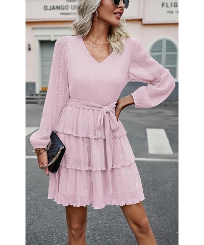 Women Dress Wedding Guest - 2024 Formal Party Long Sleeve Mini Cocktail Glitter Sundress with Belt Pink $16.16 Dresses