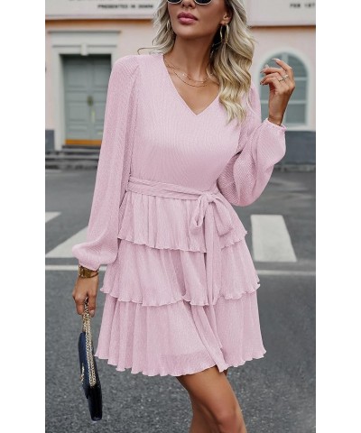 Women Dress Wedding Guest - 2024 Formal Party Long Sleeve Mini Cocktail Glitter Sundress with Belt Pink $16.16 Dresses