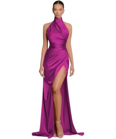 Halter Bridesmaid Dresses Long with Slit Satin Prom Dress Pleated Mermaid Evening Formal Ball Gown Fuchsia $24.48 Dresses