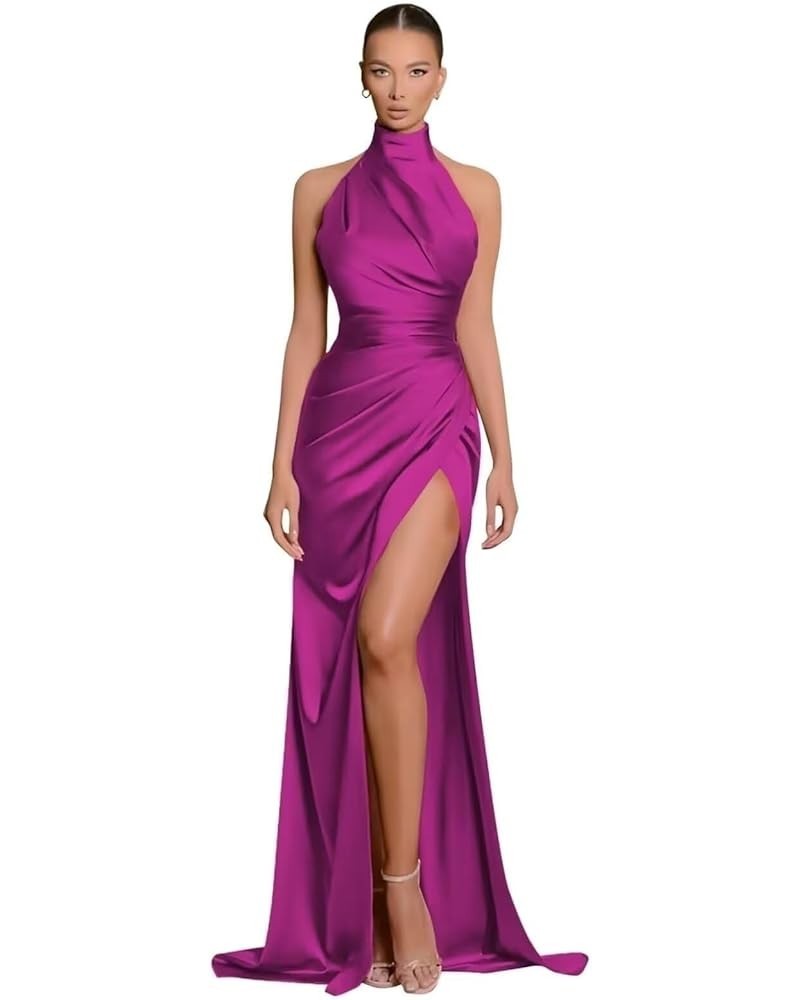 Halter Bridesmaid Dresses Long with Slit Satin Prom Dress Pleated Mermaid Evening Formal Ball Gown Fuchsia $24.48 Dresses