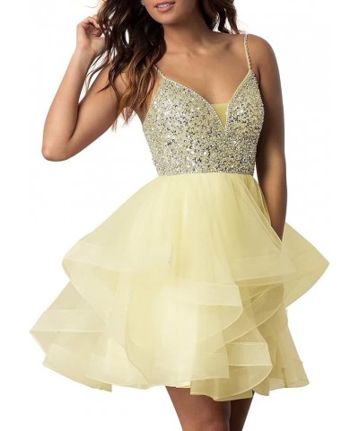 Women's Spaghetti Straps Tulle Homecoming Dresses Short with Sequins Cocktail Party Dresses Light Yellow $41.60 Dresses