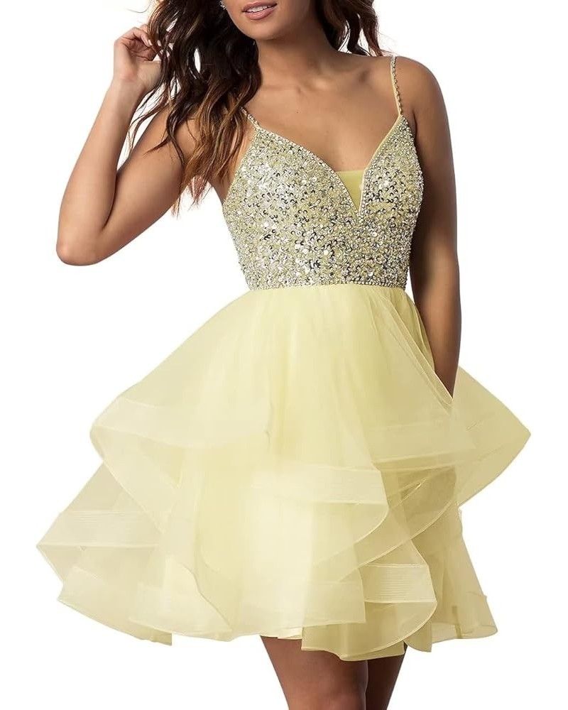 Women's Spaghetti Straps Tulle Homecoming Dresses Short with Sequins Cocktail Party Dresses Light Yellow $41.60 Dresses