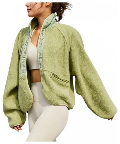 Women’s Fuzzy Sherpa Fleece Jacket Short Stand Collar Buttoned Outerwear with Pockets Lightgreen $30.34 Jackets