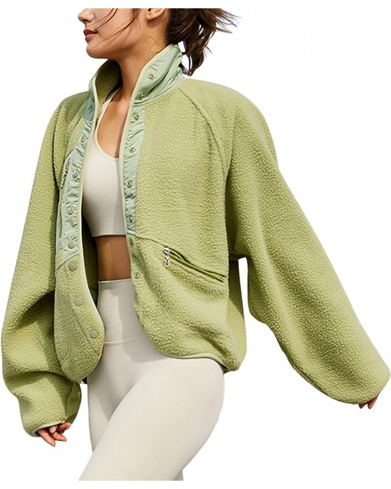 Women’s Fuzzy Sherpa Fleece Jacket Short Stand Collar Buttoned Outerwear with Pockets Lightgreen $30.34 Jackets