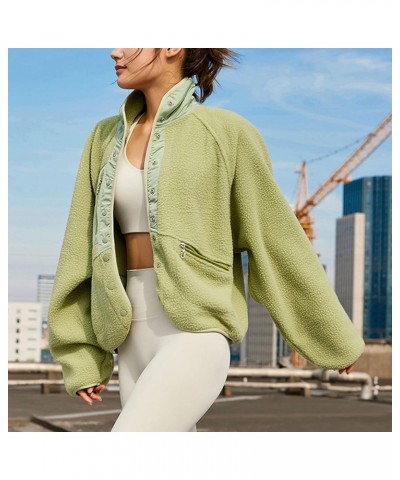 Women’s Fuzzy Sherpa Fleece Jacket Short Stand Collar Buttoned Outerwear with Pockets Lightgreen $30.34 Jackets