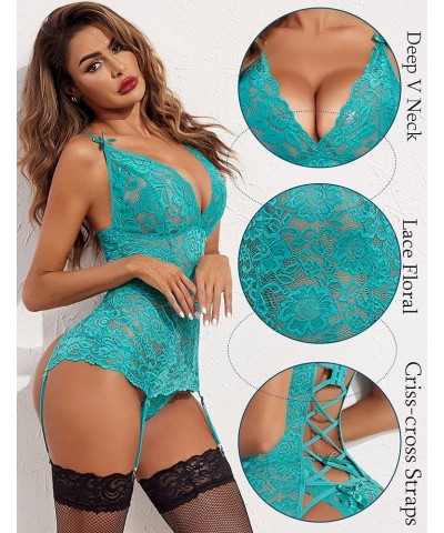 Women’s Lace Babydoll with Garter Mini Teddy Bodysuit Sexy Lingerie Backless Chemise (No Stocking) Ceramic Green $14.52 Baby ...