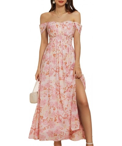 2024 Women's Summer Floral Print Flowy A Line Dresses Sleeveless Smocked Off Shoulder Maxi Dress Pink Floral $30.59 Dresses