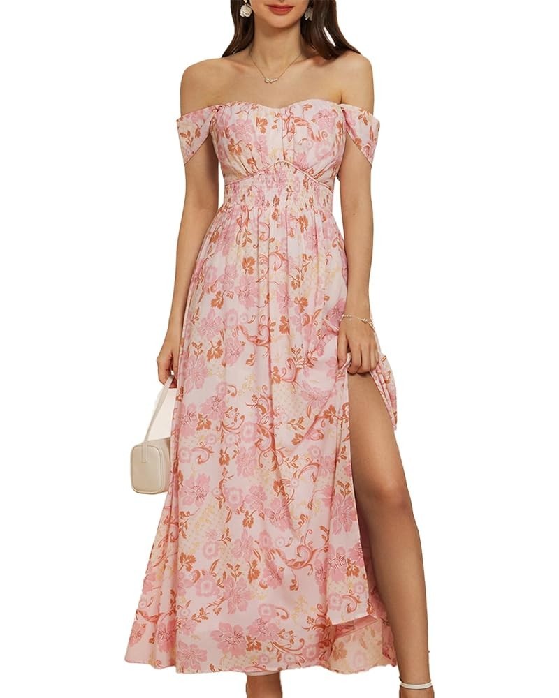 2024 Women's Summer Floral Print Flowy A Line Dresses Sleeveless Smocked Off Shoulder Maxi Dress Pink Floral $30.59 Dresses