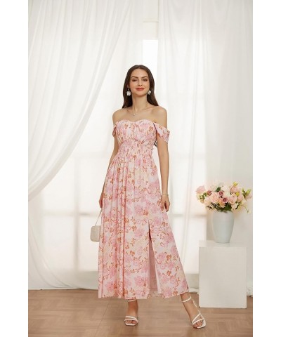 2024 Women's Summer Floral Print Flowy A Line Dresses Sleeveless Smocked Off Shoulder Maxi Dress Pink Floral $30.59 Dresses