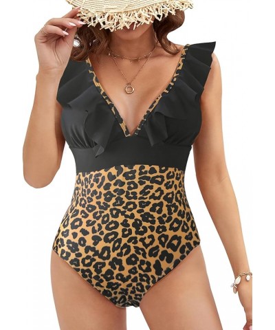 Women One Piece Swimsuit V-Neck Ruffle Bathing Suit Padded Monokini Leopard/Black 4 $20.99 Swimsuits