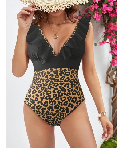 Women One Piece Swimsuit V-Neck Ruffle Bathing Suit Padded Monokini Leopard/Black 4 $20.99 Swimsuits