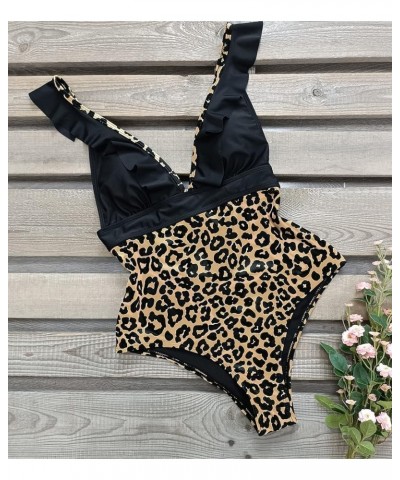 Women One Piece Swimsuit V-Neck Ruffle Bathing Suit Padded Monokini Leopard/Black 4 $20.99 Swimsuits