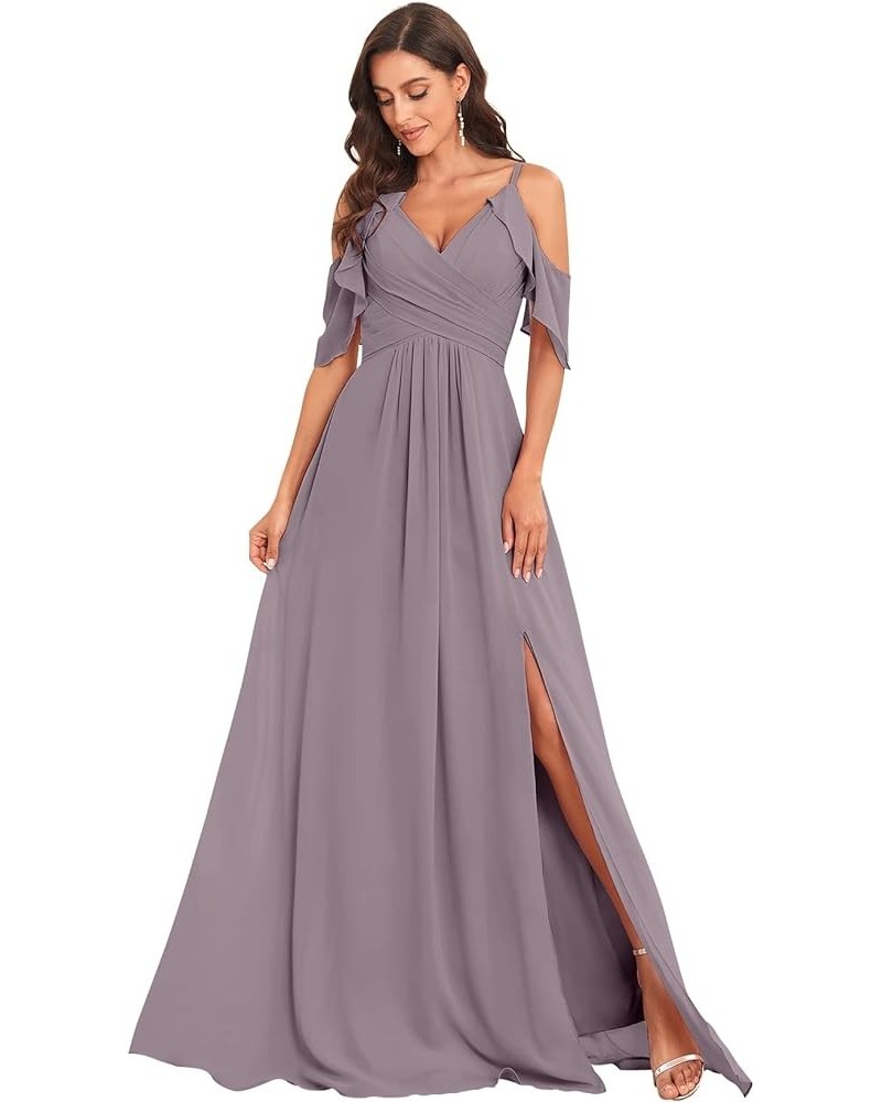 Women's Off The Shoulder Bridesmaid Dresses Long Slit Ruched Chiffon Formal Evening Gowns Wisteria $32.99 Dresses