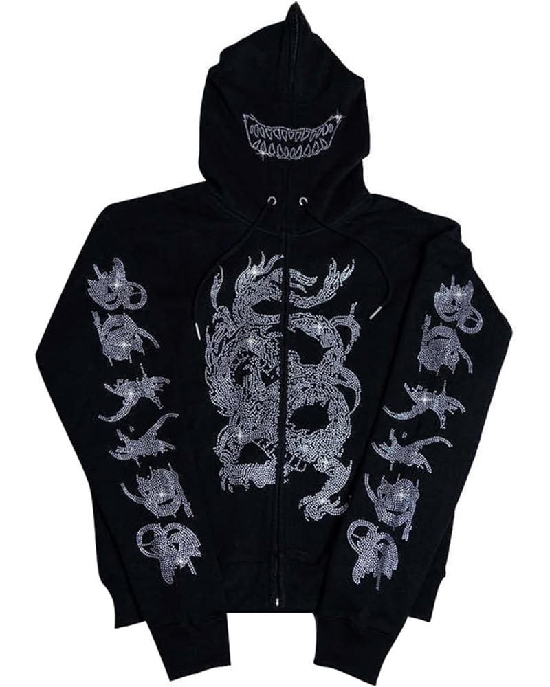 Women Men Rhinestone Hoodie Y2k Graphic Zip Up Unisex Sweatshirt Sparekly Oversized Pullover Jacket Streetwear Skull Black On...