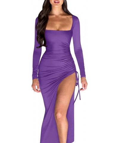 Women's Square Neck Long Sleeve Split Drawstring Bodycon Ruched Long Maxi Dress Purple $23.00 Dresses