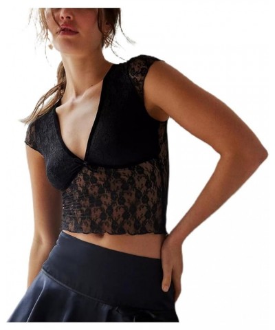 Women Short Sleeve Sheer Lace Crop Top Y2K Sexy Lace Mesh T-Shirt Slim Fit Summer See Through Cropped Tee Shirt 2g Black $6.6...