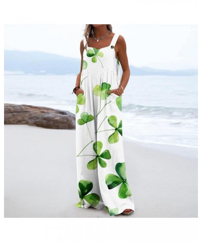 Womens St Patricks Day Jumpsuits Wide Leg Rompers Sleeveless Adjustable Strap Long Pants Shamrock Print Bib Overalls 3-beige ...