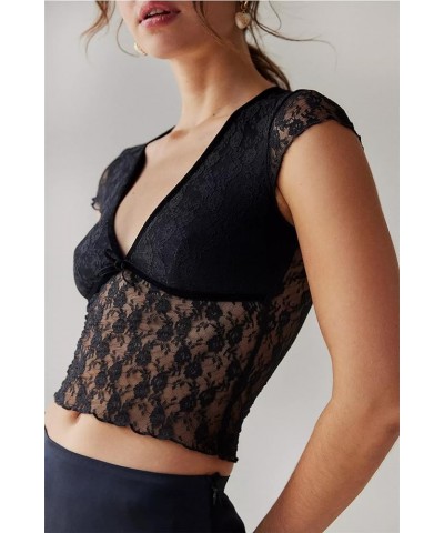 Women Short Sleeve Sheer Lace Crop Top Y2K Sexy Lace Mesh T-Shirt Slim Fit Summer See Through Cropped Tee Shirt 2g Black $6.6...