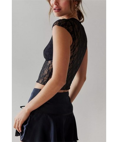 Women Short Sleeve Sheer Lace Crop Top Y2K Sexy Lace Mesh T-Shirt Slim Fit Summer See Through Cropped Tee Shirt 2g Black $6.6...