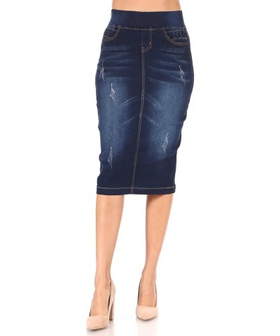 Women's Juniors/Plus Size High Waisted Shaping Pull-On Stretch Denim Calf-Length Skirt (77907) Dark Indigo Wash $22.54 Skirts