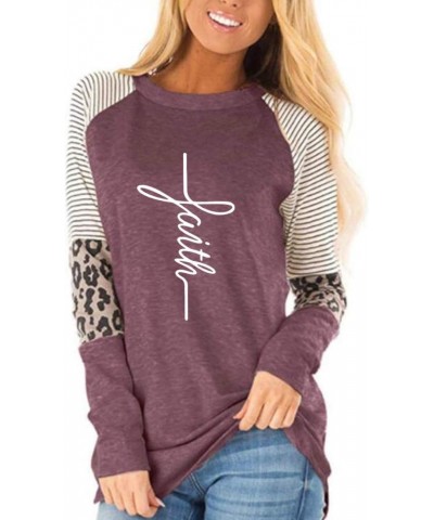 Women's Faith Over Fear Tshirt Leopard Print Color Block Tunic Round Neck Long Sleeve Shirts Striped Blouses Tops 020-faith-w...