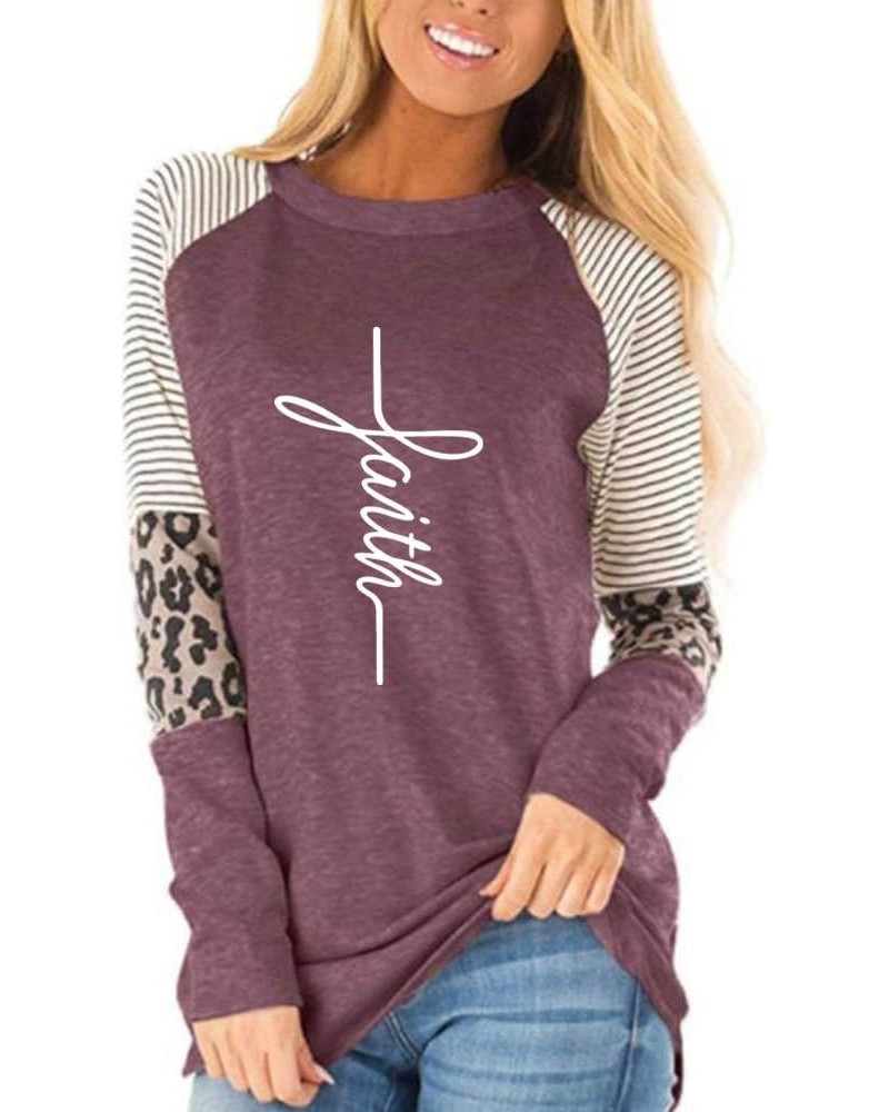 Women's Faith Over Fear Tshirt Leopard Print Color Block Tunic Round Neck Long Sleeve Shirts Striped Blouses Tops 020-faith-w...