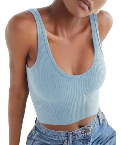 Women's Sleeveless Shirt Ribbed Fitted Scoop Neck Basic Crop Tank Top Cropped 02 light Blue $10.61 Tanks