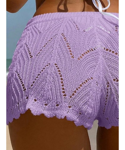 Women's Drawstring Beach Sheer Hollow Out Crochet Shorts Swim Cover Up Beachwear Lilac Purple $14.26 Swimsuits