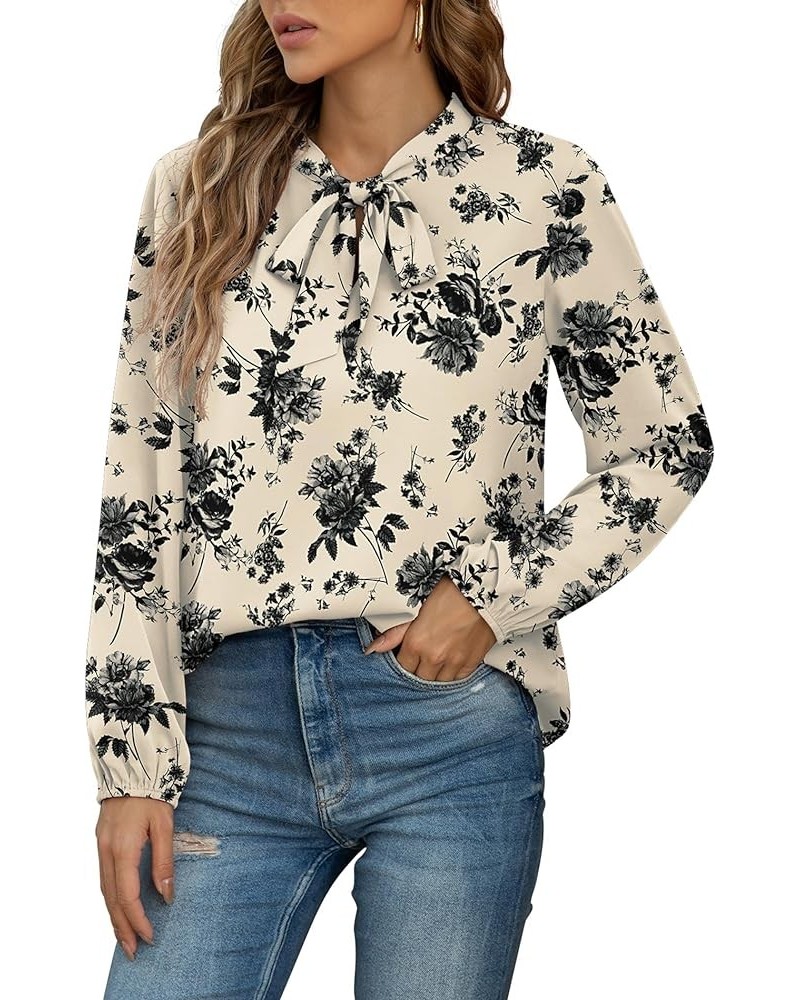 Womens Dressy Chiffon Blouse Long Sleeve Casual Tie Neck Shirt Tops Long Sleeve 01 Floral White $10.44 Blouses