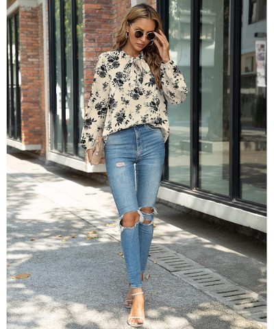 Womens Dressy Chiffon Blouse Long Sleeve Casual Tie Neck Shirt Tops Long Sleeve 01 Floral White $10.44 Blouses