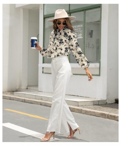 Womens Dressy Chiffon Blouse Long Sleeve Casual Tie Neck Shirt Tops Long Sleeve 01 Floral White $10.44 Blouses