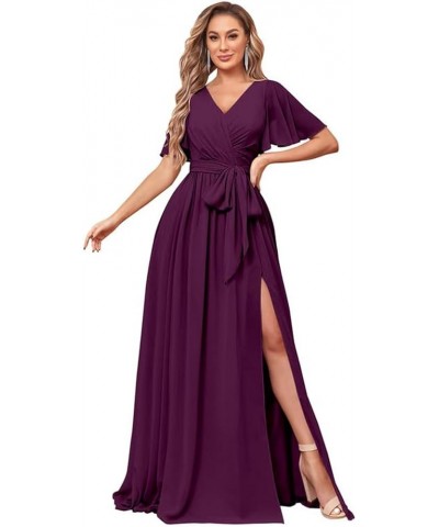 Bestluckw Chiffon Flutter Sleeve Bridesmaid Dresses for Women Long V Neck Formal Party Gown with Sash Plum $25.85 Dresses