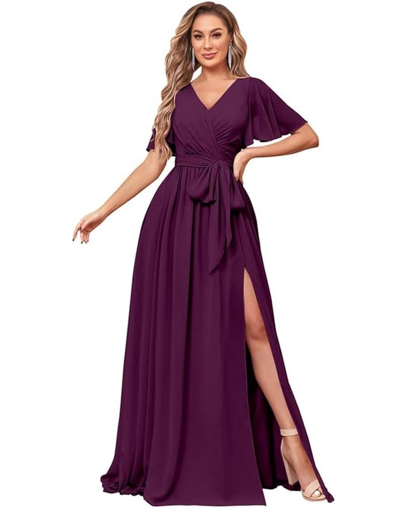 Bestluckw Chiffon Flutter Sleeve Bridesmaid Dresses for Women Long V Neck Formal Party Gown with Sash Plum $25.85 Dresses