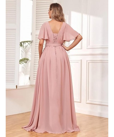 Bestluckw Chiffon Flutter Sleeve Bridesmaid Dresses for Women Long V Neck Formal Party Gown with Sash Plum $25.85 Dresses