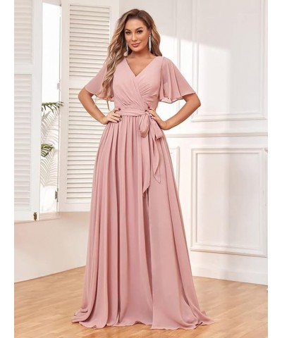 Bestluckw Chiffon Flutter Sleeve Bridesmaid Dresses for Women Long V Neck Formal Party Gown with Sash Plum $25.85 Dresses