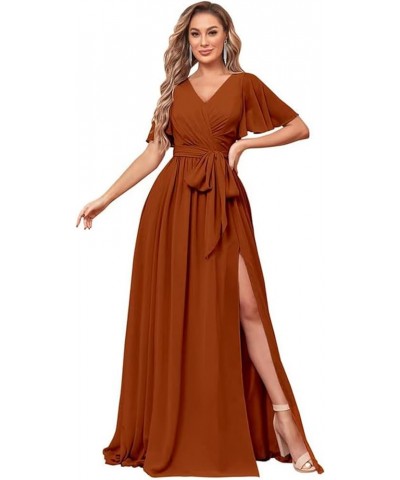 Bestluckw Chiffon Flutter Sleeve Bridesmaid Dresses for Women Long V Neck Formal Party Gown with Sash Plum $25.85 Dresses