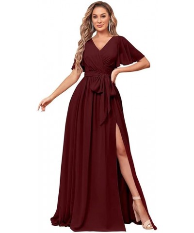 Bestluckw Chiffon Flutter Sleeve Bridesmaid Dresses for Women Long V Neck Formal Party Gown with Sash Plum $25.85 Dresses