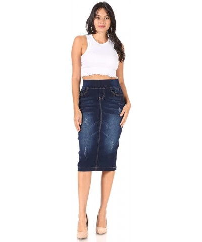 Women's Juniors/Plus Size High Waisted Shaping Pull-On Stretch Denim Calf-Length Skirt (77907) Dark Indigo Wash $22.54 Skirts