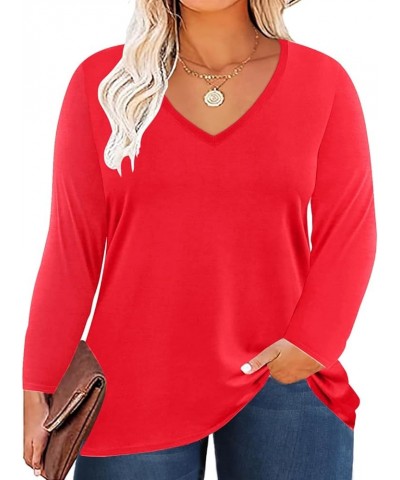 Women's Plus Size Tops Long Sleeve Tee Shirt V Neck Basic Ladies Loose Fit T Shirt Red $8.84 T-Shirts