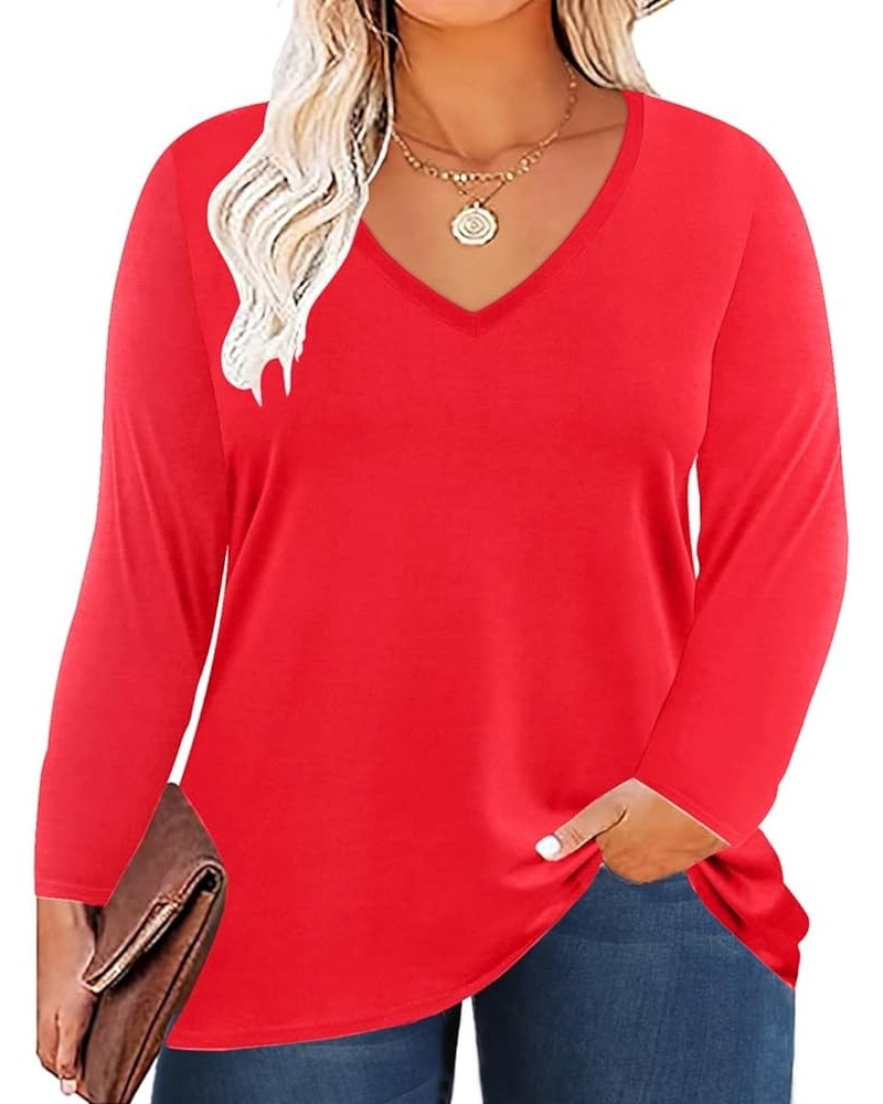 Women's Plus Size Tops Long Sleeve Tee Shirt V Neck Basic Ladies Loose Fit T Shirt Red $8.84 T-Shirts