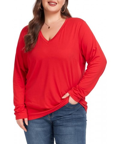 Women's Plus Size Tops Long Sleeve Tee Shirt V Neck Basic Ladies Loose Fit T Shirt Red $8.84 T-Shirts