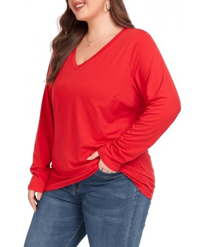 Women's Plus Size Tops Long Sleeve Tee Shirt V Neck Basic Ladies Loose Fit T Shirt Red $8.84 T-Shirts