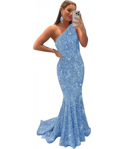 Womem's Sequin Mermaid Prom Dresses Long 2024 One Shoulder Sparkly Sexy Formal Evening Party Gowns Light Blue $36.39 Dresses