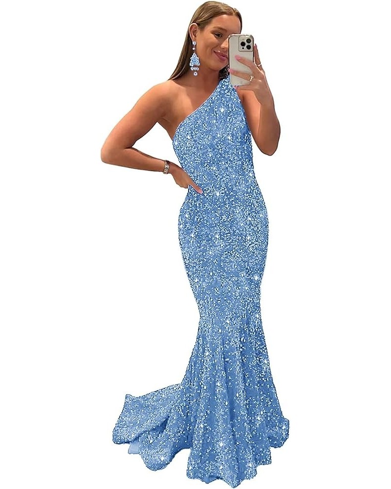 Womem's Sequin Mermaid Prom Dresses Long 2024 One Shoulder Sparkly Sexy Formal Evening Party Gowns Light Blue $36.39 Dresses